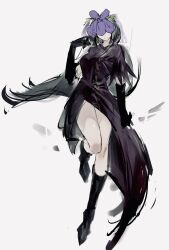 Rule 34 | 1girl, absurdres, black dress, black gloves, black hair, boots, china dress, chinese clothes, closed mouth, commentary, covered eyes, dress, elbow gloves, full body, gloves, grey background, highres, long hair, looking at viewer, po (anhk5528), simple background, solo, touhou, yomotsu hisami
