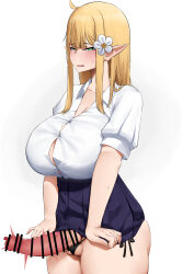 Rule 34 | 1girl, @ @, bar censor, black panties, black skirt, blonde hair, blunt bangs, breasts, button gap, censored, collared shirt, commentary, elf, embarrassed, english commentary, erection, flower, futanari, green eyes, hair flower, hair ornament, highres, huge breasts, large penis, long hair, looking at viewer, micro panties, microskirt, mivioppai, original, panties, penis, pleated skirt, pointy ears, puffy short sleeves, puffy sleeves, school uniform, shirt, short sleeves, side-tie panties, simple background, skirt, solo, string panties, sweatdrop, testicles, trembling, underwear, wavy mouth, white background, white flower, white shirt