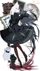 Rule 34 | 1girl, @ @, absurdres, animal ear fluff, animal ears, bare shoulders, black bow, black bowtie, black dress, black footwear, black hair, black pantyhose, black sleeves, blood, blood splatter, blue butterfly, bow, bowtie, bug, butterfly, chess piece, commentary, crack, cross, cup, detached sleeves, dress, eyelashes, flower, frilled dress, frilled skirt, frills, full moon, gothic lolita, hair flower, hair ornament, high heels, highres, insect, juliet sleeves, kotarou (kot mochi), leaf, leaf on head, lolita fashion, long hair, long sleeves, moon, multicolored hair, original, outstretched arm, pantyhose, parted lips, picture frame, puffy sleeves, red eyes, red flower, red pantyhose, red rose, rose, signature, simple background, skirt, solo, spilling, split-color hair, striped clothes, striped pantyhose, stuffed toy, symbol-only commentary, tea, teacup, two-tone hair, very long hair, wavy mouth, white background, white hair, wolf ears, wolf girl