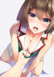 Rule 34 | 10s, 1girl, blue eyes, blush, breasts, brown hair, cleavage, clothes pull, downblouse, hair ornament, hairclip, henet hene, kantai collection, looking at viewer, maya (kancolle), miniskirt, open mouth, pleated skirt, pov, pov hands, remodel (kantai collection), school uniform, serafuku, shirt pull, short hair, sketch, skirt, solo focus