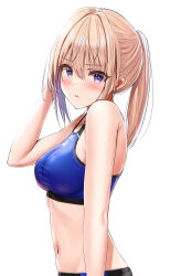 Rule 34 | 1girl, absurdres, bare arms, black shorts, blonde hair, blue sports bra, blush, breasts, commentary request, hair between eyes, hand in own hair, highres, looking at viewer, medium breasts, medium hair, navel, original, parted lips, ponytail, purple eyes, shorts, sidelocks, simple background, sports bra, standing, track uniform, upper body, white background, yukemuriganmo