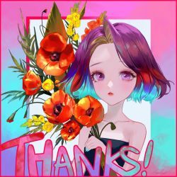 Rule 34 | 1girl, absurdres, bare shoulders, black shirt, blouse, blue hair, blue nails, collarbone, colored inner hair, commentary, english commentary, flower, highres, holding, holding flower, lizchief, looking at viewer, multicolored hair, nail polish, orange flower, original, parted lips, portrait, purple eyes, purple hair, shirt, solo, strapless, strapless shirt