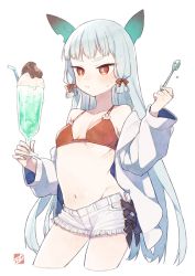 Rule 34 | 1girl, alternate costume, ark kan, artist logo, bikini, bikini top only, blush, breasts, casual, cleavage, closed mouth, commentary, cowboy shot, cup, drinking straw, eating, food, groin, headpiece, holding, holding cup, holding spoon, ice cream, jacket, kantai collection, long hair, midriff, murakumo (kancolle), navel, off shoulder, open clothes, open jacket, red bikini, red eyes, ribs, short shorts, shorts, sidelocks, silver hair, simple background, small breasts, soda, solo, spoon, straight hair, sweatdrop, swimsuit, thick eyebrows, thighs, white background, white jacket, white shorts
