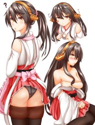 Rule 34 | 10s, 1girl, alternate hairstyle, apron, ass, bare shoulders, black hair, black panties, black thighhighs, blush, blush stickers, breasts, clothes down, detached sleeves, hairband, haruna (kancolle), japanese clothes, kantai collection, lips, long hair, looking at viewer, looking away, medium breasts, miniskirt, multiple views, nontraditional miko, panties, pantyshot, pleated skirt, ponytail, remodel (kantai collection), sitting, skirt, thighhighs, thighs, totororo, underwear, wardrobe malfunction, yellow eyes