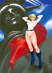 Rule 34 | 1girl, alien, arms up, belt, blonde hair, blue eyes, blue footwear, blue gloves, boots, breasts, cape, cleavage, cleavage cutout, clothing cutout, dc comics, female focus, flying, gloves, high heels, highres, kryptonian, leotard, lilfie, power girl, red cape, shoes, short hair, skin tight, solo, statue, statue of liberty, superman (series)