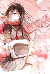 Rule 34 | 1girl, brown hair, cardiogram, covered mouth, hair ornament, hairclip, highres, holding television, kagerou project, karino xh, limited palette, long hair, necktie, pleated skirt, red eyes, red theme, scarf, school uniform, serafuku, short sleeves, sitting, sketch, skirt, solo, tateyama ayano, television
