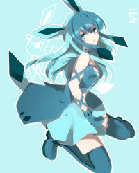 Rule 34 | 1girl, animal ears, bare shoulders, blue eyes, blue hair, blue thighhighs, boots, creatures (company), game freak, gen 4 pokemon, glaceon, highres, long hair, looking at viewer, matching hair/eyes, multicolored hair, nintendo, personification, pokedex number, pokemon, solo, tail, thigh boots, thighhighs, two-tone hair, zettai ryouiki, zinpati