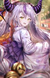Rule 34 | :d, absurdly long hair, absurdres, bell, blurry, blurry background, demon girl, demon horns, fangs, from behind, grey hair, highres, hololive, horns, japanese clothes, jingle bell, kimono, la+ darknesss, long hair, long sleeves, looking at viewer, looking back, multicolored hair, open mouth, outdoors, pointy ears, print kimono, purple hair, sash, sidelocks, sleeves past wrists, smile, star (symbol), streaked hair, striped horns, summer festival, teeth, twintails, two-tone hair, two side up, ukiukikiwi2525, very long hair, virtual youtuber, wide sleeves, yellow eyes, yukata