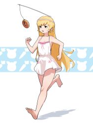 1girl absurdres baisebandaoti1 bakemonogatari barefoot blonde_hair blush breasts carrot_on_stick collarbone commentary doughnut dress food full_body highres long_hair looking_at_food monogatari_(series) open_mouth oshino_shinobu peanut_mouth running shadow sidelocks signature simple_background sleeveless sleeveless_dress small_breasts solo spaghetti_strap sundress sweatdrop symbol-only_commentary very_long_hair white_background white_dress yellow_eyes