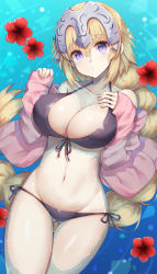 Rule 34 | 1girl, bad id, bad pixiv id, bare shoulders, bikini, blonde hair, blue eyes, blush, braid, breasts, cleavage, closed mouth, collarbone, fate/apocrypha, fate/grand order, fate (series), floating, flower, headpiece, highres, hip focus, jacket, jeanne d&#039;arc (fate), jeanne d&#039;arc (ruler) (fate), jeanne d&#039;arc (white cruising) (fate), large breasts, long braid, long hair, looking at viewer, navel, open clothes, open jacket, pink jacket, purple bikini, single braid, solo, swimsuit, thighs, very long hair, water, yuzu-aki