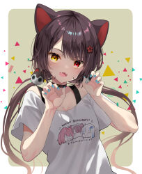 Rule 34 | 1girl, ange katrina, animal ears, ariko youichi, blue nails, brown hair, dog ears, dog hair ornament, fangs, hair ornament, highres, inui toko, lize helesta, low twintails, nijisanji, off-shoulder shirt, off shoulder, open mouth, red eyes, shirt, skin fangs, smile, solo, swept bangs, twintails, virtual youtuber