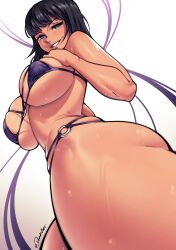Rule 34 | 1girl, artist name, bikini, black hair, blue eyes, breasts, dracksart, from below, grin, highres, large breasts, looking at viewer, medium hair, nico robin, o-ring, one piece, simple background, smile, solo, swimsuit, tan, wet, white background