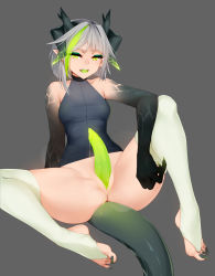 Rule 34 | 1futa, bare arms, bare shoulders, bottomless, claws, commentary, dragon girl, erection, futanari, green eyes, green hair, grey background, grey hair, highres, horns, looking at viewer, multicolored hair, multiple horns, nail polish, original, penis, pointy ears, precum, ricegnat, scathe (ricegnat), sharp teeth, short hair, simple background, solo, spread legs, stirrup legwear, streaked hair, symbol-only commentary, tail, teeth, thighhighs, thighs, toeless legwear, two-tone hair, white thighhighs