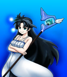 Rule 34 | bare shoulders, blue hair, dress, green eyes, kutuna haruka, long hair, solo, staff, vanguard princess