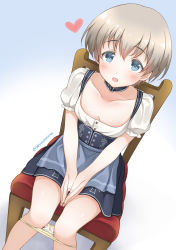 Rule 34 | 10s, 1girl, alternate costume, apron, blue apron, blue eyes, blush, bodice, breasts, chair, cleavage, collarbone, dirndl, downblouse, german clothes, grey hair, heart, highres, kantai collection, light brown hair, open mouth, panties, panty pull, ren san, short hair, sitting, small breasts, smile, solo, underbust, underwear, v arms, waist apron, yellow panties, z1 leberecht maass (kancolle)