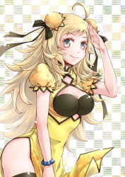 Rule 34 | 1girl, ahoge, alternate costume, blonde hair, bracelet, breasts, checkered background, chinese clothes, ebi puri (ebi-ebi), fire emblem, fire emblem fates, grey eyes, hair ribbon, hand up, jewelry, long hair, looking at viewer, medium breasts, nintendo, ophelia (fire emblem), ribbon, solo, thighs, turtleneck, upper body