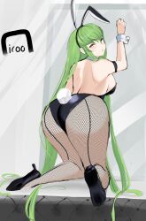 Rule 34 | 1girl, against wall, ass, bare shoulders, breasts, c.c., code geass, fishnet pantyhose, fishnets, from behind, green hair, high heels, highres, huge ass, icoo, kneeling, leotard, long hair, looking at viewer, looking back, medium breasts, open mouth, pantyhose, playboy bunny, rabbit ears, rabbit tail, sideboob, solo, tail, thick thighs, thighs, very long hair