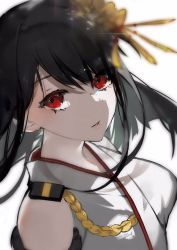 Rule 34 | 1girl, black hair, blurry, commentary request, depth of field, epaulettes, fusou (kancolle), hair ornament, highres, kantai collection, long hair, looking at viewer, neko (ganecooo), parted lips, red eyes, simple background, solo, white background