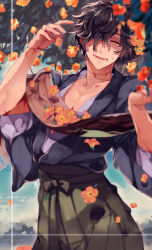 Rule 34 | 1boy, black hair, cowboy shot, fate/grand order, fate (series), floral background, flower, fu yukari, hair over one eye, japanese clothes, kimono, koha-ace, long hair, looking at viewer, male focus, okada izou (fate), open clothes, open kimono, orange flower, pectorals, petals, ponytail, scarf, smile, solo, wet, yellow eyes