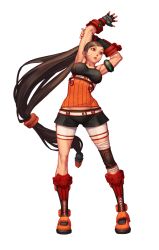 Rule 34 | 00s, 1girl, armband, bandaid, boots, breasts, brown hair, dungeon and fighter, female focus, fighter (dungeon and fighter), fingerless gloves, full body, gloves, highres, long hair, muscular, ponytail, red eyes, shorts, solo, very long hair, white background