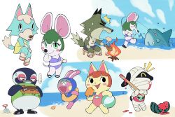 Rule 34 | ..., 3girls, 4boys, :d, :o, ^^^, ^ ^, animal crossing, animal print, ball, bandages, bandaid, bandaid on arm, beach, beachball, bikini, black eyes, black footwear, blue shorts, blue sky, blush, blush stickers, bracelet, bree (animal crossing), brown hair, cat girl, character print, closed eyes, closed mouth, cloud, commentary request, day, dobie (animal crossing), dog boy, dress, felicity (animal crossing), fire, fish, fish (food), fish print, fishing, fishing rod, food, fruit, furry, furry female, furry male, green dress, green eyes, green hair, green shirt, highres, holding, holding ball, holding fishing rod, holding food, holding popsicle, holding stick, hood, hood up, innertube, jewelry, jitome, looking at viewer, looking down, looking to the side, luaudrey, lucky (animal crossing), mouse girl, multiple boys, multiple girls, multiple views, nintendo, notice lines, ocean, on stool, one-piece swimsuit, one eye covered, open mouth, penguin boy, pink one-piece swimsuit, popsicle, purple bikini, rabbit boy, red footwear, red shirt, roasting, running, sand, sandals, seashell, shell, shirt, short hair, shorts, simple background, sitting, skull print, sky, skye (animal crossing), sleeveless, sleeveless shirt, smile, snake (animal crossing), speech bubble, spoken ellipsis, stick, stool, strapless, strapless dress, suikawari, sunfish, surprised, sweatdrop, swim ring, swimsuit, tank top, tex (animal crossing), tom nook (animal crossing), trowel, water, watermelon, white background, white tank top, wolf boy, wolf girl, yellow innertube
