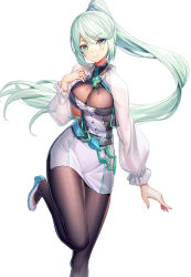 Rule 34 | 1girl, black pantyhose, blush, breasts, casual, cleavage, cleavage cutout, clothing cutout, commentary, contemporary, dress, female focus, gem, green eyes, green hair, highres, large breasts, long hair, long sleeves, matching hair/eyes, minidress, nintendo, pantyhose, pneuma (xenoblade), ponytail, puffy sleeves, ririko (zhuoyandesailaer), see-through, simple background, smile, solo, spoilers, standing, standing on one leg, swept bangs, thighs, white background, white dress, xenoblade chronicles (series), xenoblade chronicles 2
