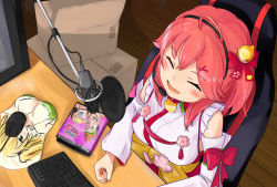 Rule 34 | ahoge, blush, box, breast mousepad, cardboard box, character request, closed eyes, detached sleeves, hair ornament, hairclip, highres, hololive, keyboard (computer), microphone, mouse (computer), mousepad, open mouth, paw print, paw print pattern, pink hair, pop filter, sakura miko, sakura miko (1st costume), solo, sowa snow, table, virtual youtuber, x hair ornament