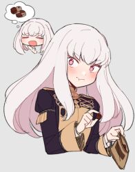 Rule 34 | 1girl, blush, chibi, closed eyes, closed mouth, cropped torso, do m kaeru, eating, fire emblem, fire emblem: three houses, food, food on face, garreg mach monastery uniform, grey background, holding, holding food, long hair, long sleeves, lysithea von ordelia, nintendo, open mouth, simple background, solo, sweets, thought bubble, uniform, white hair