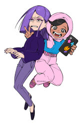 2girls banned_artist belt black_hair cellphone dark-skinned_female dark_skin duolingo full_body highres holding holding_phone hood lily_(duolingo) long_hair midori_foo multiple_girls open_mouth pants phone pink_pants purple_hair purple_nails selfie shirt simple_background smartphone smile v white_background zari_(duolingo)