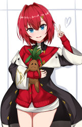 Rule 34 | 1girl, ange katrina, ange katrina (1st costume), bad id, bad pixiv id, black jacket, blue eyes, commentary request, hair between eyes, hair intakes, hair ornament, hand up, heart, highres, hugging object, jacket, kirikan (cokekiri), long sleeves, looking at viewer, nijisanji, off shoulder, open clothes, open jacket, red hair, red jacket, revision, shirt, sleeves past wrists, solo, stuffed toy, v, virtual youtuber, white shirt, wide sleeves