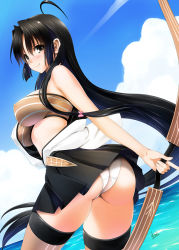 Rule 34 | 10s, 1girl, ahoge, ass, black hair, black skirt, blush, bow, bow (weapon), breasts, brown eyes, cloud, day, covered erect nipples, hair bow, kantai collection, large breasts, long hair, looking back, miniskirt, mitarashi kousei, ocean, panties, pantyshot, pleated skirt, shouhou (kancolle), skirt, sky, smile, solo, standing, thighhighs, underwear, weapon, white panties