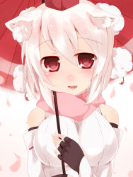 Rule 34 | 1girl, animal ears, arm up, black gloves, blush, detached sleeves, fang, female focus, fingerless gloves, gloves, guratan (guratan18), hat, hat ribbon, inubashiri momiji, open mouth, parasol, petals, red eyes, ribbon, scarf, shirt, short hair, silver hair, smile, solo, tokin hat, touhou, umbrella, wolf ears