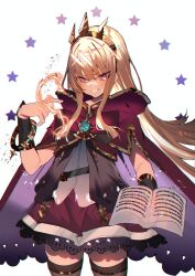 Rule 34 | 1girl, blonde hair, blunt bangs, book, bracelet, bracer, brooch, cagliostro (granblue fantasy), cape, cowboy shot, granblue fantasy, grin, hairband, hand up, highres, jewelry, looking at viewer, open book, purple eyes, red cape, red skirt, sidelocks, skirt, smile, solo, soukou makura, spiked hairband, spikes, star (symbol), starry background, thighhighs, tiara, zettai ryouiki