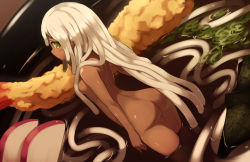 Rule 34 | 1girl, ass, back, blush, bowl, breasts, dark-skinned female, dark skin, food, food focus, green eyes, highres, in bowl, in container, in food, letterboxed, long hair, looking back, mini person, minigirl, noodles, nori (seaweed), nude, original, partially submerged, personification, ramen, shrimp, shrimp tempura, silver hair, small breasts, solo, soup, standing, tempura, udon, very long hair, yellow eyes, zenn