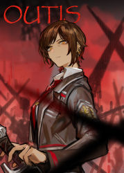 Rule 34 | 1girl, black jacket, blouse, brown eyes, brown hair, character name, closed mouth, dark-skinned female, dark skin, earrings, highres, holding, holding sword, holding weapon, jacket, jewelry, limbus company, long sleeves, looking at viewer, necktie, nishikujic, outis (project moon), polo shirt, project moon, red necktie, sheath, sheathed, shirt, solo, sword, weapon, white shirt