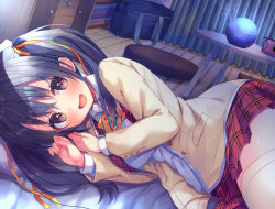 Rule 34 | 1girl, :d, absurdres, asa no ha (awayuki), bag, bed sheet, beige jacket, black hair, book, bookshelf, bow, bowtie, brown eyes, collared shirt, curtains, cushion, drawer, hair ribbon, highres, humidifier, indoors, long sleeves, looking at viewer, lying, medium hair, non-web source, on bed, on side, open mouth, original, pencil case, pillow, plaid, plaid skirt, pleated skirt, red skirt, ribbon, rug, school bag, school uniform, shirt, skirt, smile, solo, striped bow, striped bowtie, striped clothes, striped neckwear, table, thighhighs, thighs, twintails, uniform, white shirt, white thighhighs, wooden floor, yellow neckwear