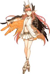 Rule 34 | 1girl, armlet, bracelet, breasts, brown wings, circe (fate), circlet, cross-laced sandals, dress, fate/grand order, fate/samurai remnant, fate (series), feathered wings, head wings, jewelry, long hair, looking at viewer, multicolored eyes, navel, necklace, official art, pink hair, pointy ears, skirt, small breasts, smile, solo, thighlet, transparent background, wataru rei, wings