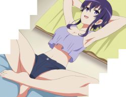 Rule 34 | 1girl, armpits, bed, bedroom, blue hair, breasts, cleavage, crop top, crop top overhang, highres, hyoudou michiru, indoors, midriff, navel, on bed, purple eyes, saenai heroine no sodatekata, screencap, shorts, sitting, smile, solo, spread legs, stitched, tank top, thighs, third-party edit