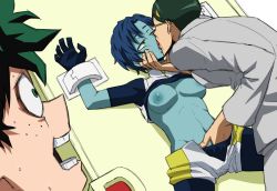 Rule 34 | 1girl, 2boys, assisted exposure, blue hair, blue skin, blush, boku no hero academia, breasts, breasts out, bubble girl (boku no hero academia), caught, clothes lift, colored skin, constricted pupils, fingering, forced kiss, forced pleasure, french kiss, glasses, green eyes, green hair, half-closed eyes, highres, kiss, leaning forward, looking at another, midoriya izuku, multiple boys, nipples, no bra, open mouth, outstretched arms, over-the-shoulder, kiss, bad tag, pussy rub, restrained, clitoral stimulation, rubbing crotch, shirt lift, shoganight, spread arms, spread legs, surprised, teeth, tongue, tongue out, voyeurism