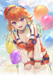 Rule 34 | 1girl, badge, balloon, belt, beret, blue sky, breasts, chef hat, choker, cleavage, cloud, collarbone, detached sleeves, earrings, feather earrings, feathers, green choker, green hair, hands on lap, happy birthday, hat, highres, hololive, hololive english, jewelry, leaning forward, lips, medium breasts, miniskirt, multicolored hair, open mouth, orange hair, orange hat, orange shirt, orange skirt, outdoors, power lines, purple eyes, ribbon, ribbon choker, shirt, skirt, sky, smile, solo, standing, takanashi kiara, teeth, thighhighs, two-tone hair, virtual youtuber, wenz, white hat, white thighhighs, zettai ryouiki, zipper, zipper pull tab