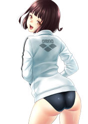 Rule 34 | 1girl, absurdres, arena (company), ass, black hair, blunt bangs, brown eyes, competition swimsuit, from behind, hands in pockets, highleg, highleg swimsuit, highres, jacket, kuri (kurigohan), logo, one-piece swimsuit, open mouth, original, short hair, simple background, smile, solo, swimsuit, swimsuit under clothes, white background, white jacket