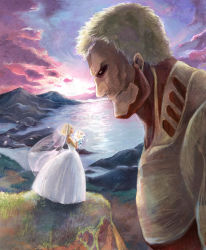 Rule 34 | 1boy, 1girl, armored titan, bad id, bad pixiv id, black sclera, blonde hair, bouquet, krista lenz, cloud, colored sclera, couple, dress, flower, from side, giant, giant monster, highres, hill, kaijuu, lake, looking at another, monster, mountain, muscular, shingeki no kyojin, short hair, size difference, sky, smile, standing, strapless, strapless dress, sunset, titan (shingeki no kyojin), usamichan, veil, wedding dress