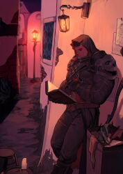 Rule 34 | 1boy, absurdres, against wall, avenger (dungeon and fighter), baimeme, bara, beard, black hair, book, dark-skinned male, dark skin, dungeon and fighter, facial hair, feet out of frame, highres, holding, holding book, hood, hood up, large pectorals, male focus, male priest (dungeon and fighter), mature male, muscular, muscular male, open book, pants, pectorals, priest (dungeon and fighter), reading, scar, scar on face, scar on forehead, short hair, skull pauldron, solo, thick eyebrows, torn clothes, torn pants, trash can, wall lamp