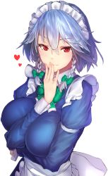 Rule 34 | 1girl, apron, arm between breasts, arm under breasts, between breasts, blue dress, blush, bow, bowtie, braid, breasts, closed mouth, commentary request, covered erect nipples, dress, green bow, green bowtie, hair between eyes, hair bow, hand to own mouth, heart, highres, izayoi sakuya, juliet sleeves, large breasts, long sleeves, maid apron, maid headdress, medium hair, puffy sleeves, red eyes, silver hair, simple background, solo, touhou, tsukushi sasa, twin braids, upper body, white background