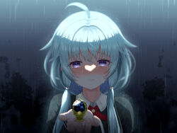 Rule 34 | 1girl, black shirt, blue eyes, blue hair, collared shirt, cross tie, crying, crying with eyes open, daito academy school uniform, dot nose, eyes visible through hair, fingernails, grey background, highres, light blue hair, long hair, looking at viewer, low-tied sidelocks, magia record: mahou shoujo madoka magica gaiden, mahou shoujo madoka magica, necktie, portrait, rain, red necktie, sad, sad smile, school uniform, sena mikoto, shirt, solo, soul gem, straight-on, suzugahama, tears