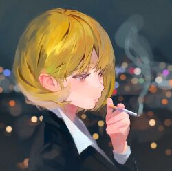Rule 34 | 1girl, bags under eyes, black suit, blonde hair, blurry, blurry background, bokeh, cigarette, depth of field, formal, from side, holding, holding cigarette, looking down, night, original, sekoshi (some1else45), shirt, short hair, smoking, solo, some1else45, suit, white shirt