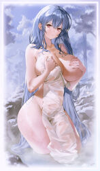 Rule 34 | 1girl, absurdres, azur lane, bare shoulders, blue hair, breasts, cleavage, collarbone, covering privates, grabbing, grabbing another&#039;s breast, hair between eyes, highres, large breasts, long hair, looking at viewer, naked towel, nike (nike1060), nude cover, official alternate costume, onsen, purple eyes, snow, solo, steam, thighs, towel, very long hair, voroshilov (azur lane), voroshilov (devoted as the warm snow) (azur lane), wading, water, wet