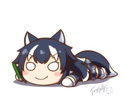 Rule 34 | 10s, 1girl, animal ears, black hair, blush stickers, chibi, fang, grey wolf (kemono friends), kemono friends, langbazi, long hair, looking at viewer, lying, multicolored hair, o o, on stomach, signature, simple background, solo, tail, two-tone hair, wolf ears, wolf tail