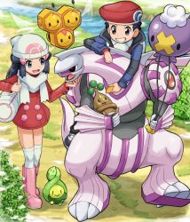 Rule 34 | 1boy, 1girl, alternate size, beanie, black hair, blue eyes, bonsly, boots, budew, buttons, combee, creatures (company), dawn (pokemon), day, dress, drifloon, game freak, gen 4 pokemon, hand on another&#039;s chin, hat, holding, legendary pokemon, long hair, long sleeves, lucas (pokemon), nintendo, open mouth, outdoors, palkia, pink footwear, pokemoa, pokemon, pokemon (creature), pokemon dppt, pokemon platinum, red dress, scarf, scratching chin, smile, stream, stroking another&#039;s chin, teeth, tongue, walking, water, white headwear, white legwear, white scarf, winter clothes