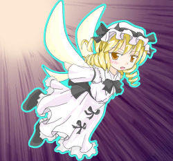 Rule 34 | 1girl, :o, black bow, black bowtie, blonde hair, bow, bowtie, brown eyes, dress, drill hair, eastern and little nature deity, fairy, female focus, flying, full body, light smile, long sleeves, looking at viewer, luna child, parted lips, solo, speed lines, touhou, touhou sangetsusei, twin drills, white dress